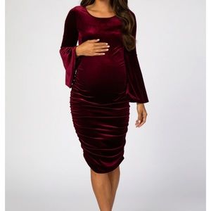 Pink Blush Burgundy Velvet Ruched Bell Sleeve Maternity Dress size L